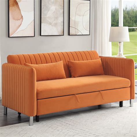 Lexiconhome Greenway Velvet Convertible Sofa Bed Orange