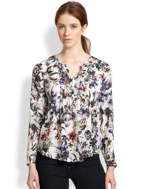 Lyst Rebecca Taylor Silk Print Pintucked Blouse In Black