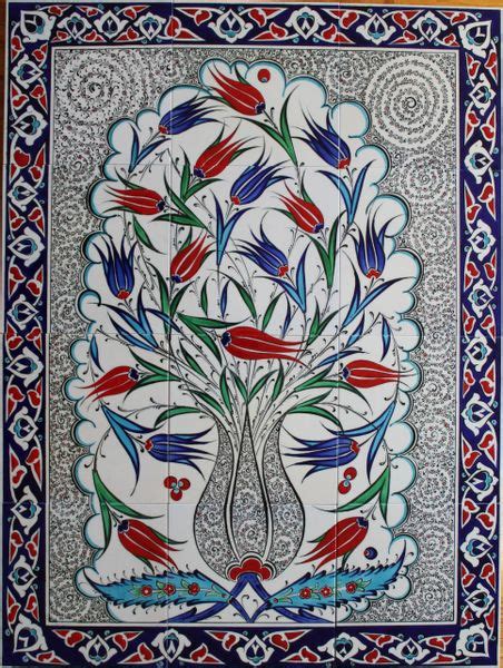 Hand Painted Iznik Tulip Pattern Turkish Tile Mural Panel Anatolian