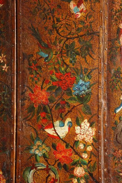 English Six Panel Chinoiserie Polychrome Decorated Leather Screen
