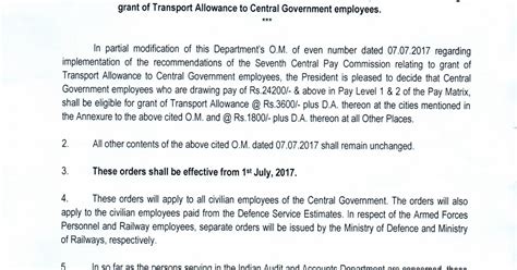 Transport Allowance For Central Government Employees Modification Order In Th Cpc Post Next