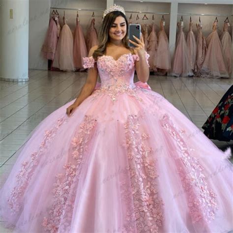 Pink Quinceanera Dresses Ball Gown Off Shoulder 3d Rose Flowers Puffy