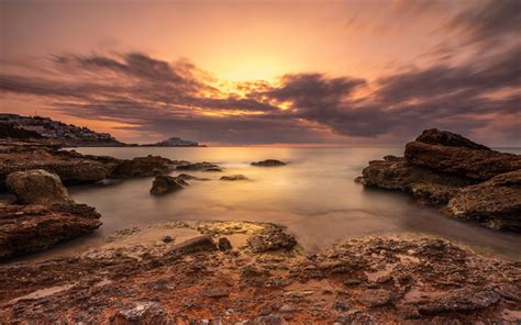 Download Wallpapers Mediterranean Sea Coast Sunset Beach Rocks