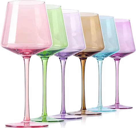 Physkoa Set Of 6 Colored Wine Glasses With Stems Modern And Colorful Stemware For