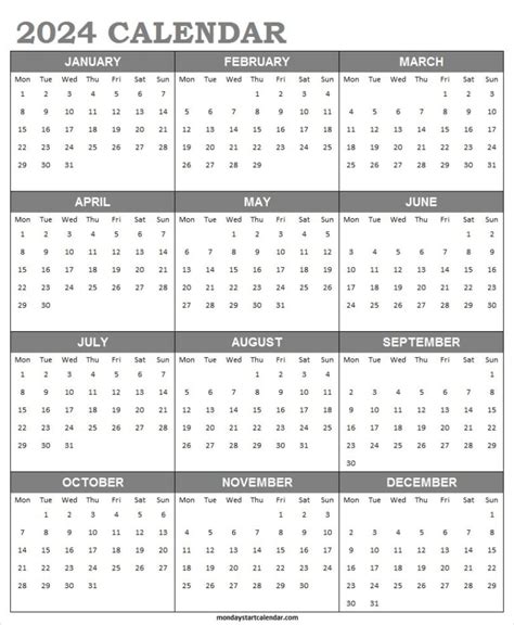 Monday Start 2024 Calendar Template Excel Full Year Calendar Printable