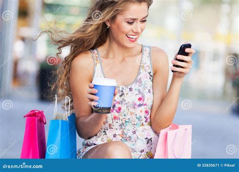Woman With Mobile Phone And Shopping Bags Stock Image Image Of City