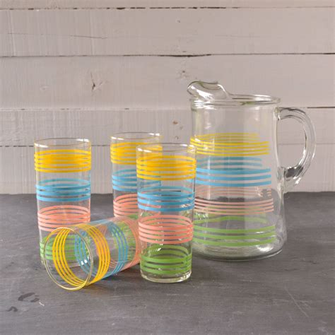 Vintage Colored Frosted Jug And Glasses Set With Golden Rims Coloured And Gold Pitcher And