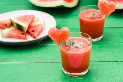 Fresh Watermelon Blended Drink With Mint Leaves And A Heart Of