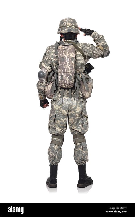 Us Soldier Salutes Standing Back On White Background Stock Photo Alamy
