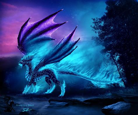 Majestic Blue And Purple Dragon In The Sky
