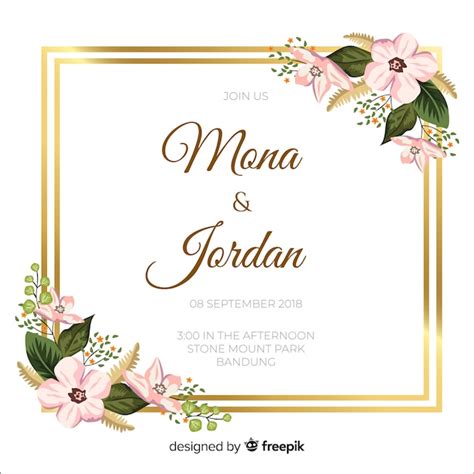 Invitation De Mariage Floral Avec Cadre Doré Vecteur Gratuite