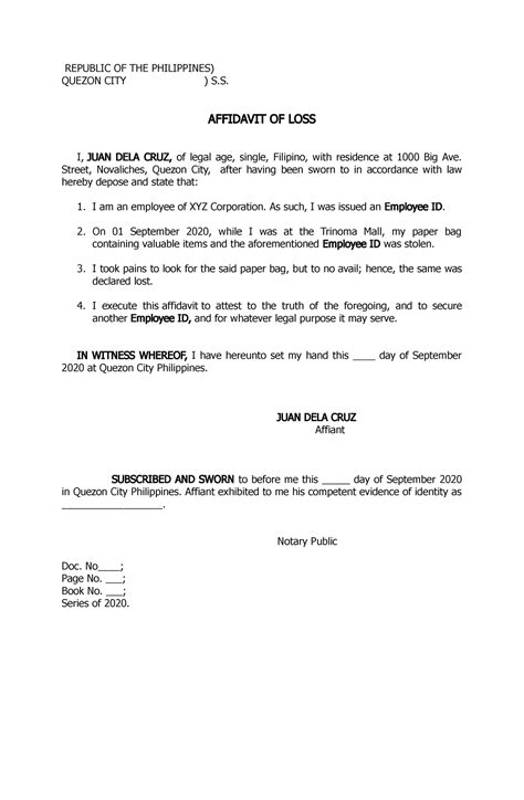 Sample Affidavit Of Loss Company Id Republic Of The Philippines