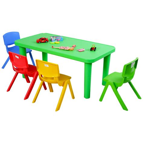 Costway Kids Plastic Table And 4 Chairs Set Colorful Play School Home