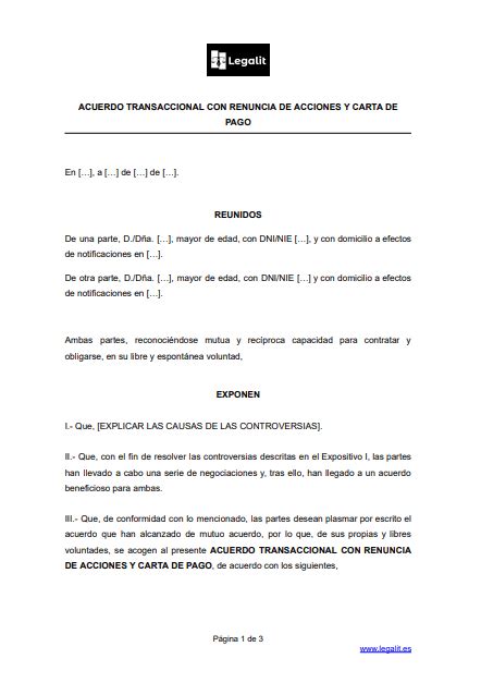 Modelo Acuerdo Transaccional Con Renuncia De Acciones Y Carta De Pago