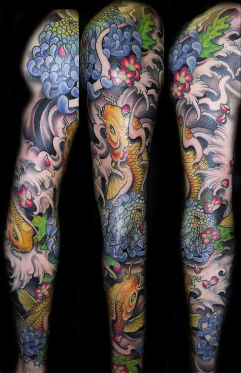 Full Sleeve Koi Fish And Chrysanthemum Tattoo Design