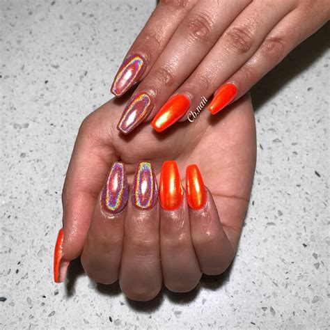 Hey internet moms, i turn 28 today. Orange nails, chrome nails, holographic nails, cool nails ...