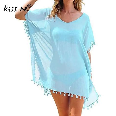 Loose Chiffon Beach Dress With Tassels Solid Beach Cover Up Irregular Women S Tunic Beachwear