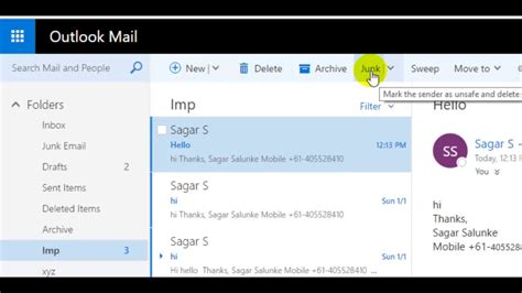 How To Mark The Mail As Junk Or Spam In Outlook Webmail 365 Youtube