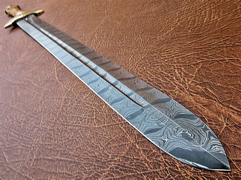 Handmade Damascus Defender Sword Engraved Brass Bolster Olive Wood Handle