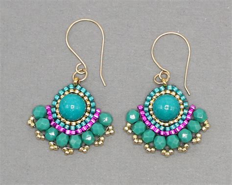 Turquoise Beaded Earrings Colorful Fan Earrings Seed Bead Jewelry