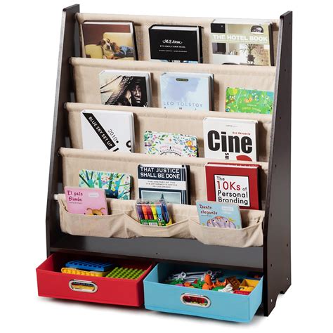 Costway Kids Book Rack Toys Organizer With 4 Sling Bookshelf And 2 Boxes