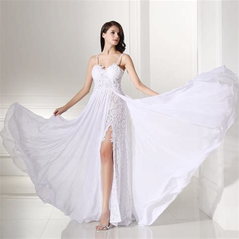 Chiffon formal evening dresses under $200 with removable rhinestone belts. Backles Lace Split Chiffon Beach Wedding Dress | Uniqistic.com