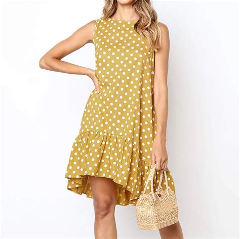 vintage polka dot dress women o neck sleeveless casual summer dresses asymmetric ruffle hem