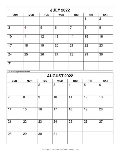 Printable July August 2023 Calendar 4th Bi Monthly Calendarkart Artofit