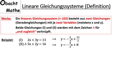 Lineare gleichungen schnittpunkt gleichungssysteme gleichsetzungsverfahren einsetzungsverfahren (eine variable wird als term ausgedrückt und in die andere gleichung. Was sind lineare Gleichungssysteme? Was ist ein LGS ...