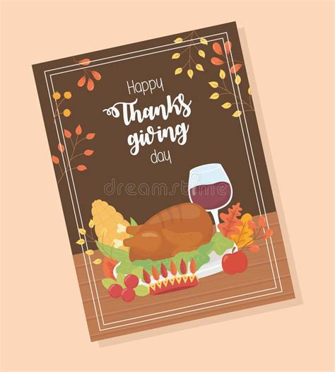 Happy Thanksgiving Poster Dinner Turkey Wine Corn Stock Vector