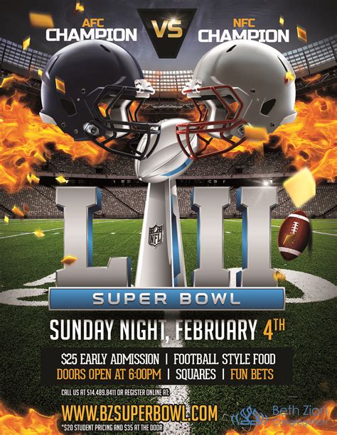 This flyer uses a colorful top half over a darker bottom half, divided by stadium lighting. Beth Zion Super Bowl Party - Event - Beth Zion Congregation