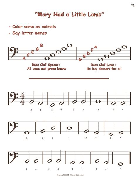 Free pdf printable pre staff sheet music for beginners. Color and Play: Mary Had a Little Lamb (Bass Clef) - Music Ditties