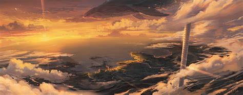 Download 2739x1080 Anime Landscape Creature Horizon Sunset Tower