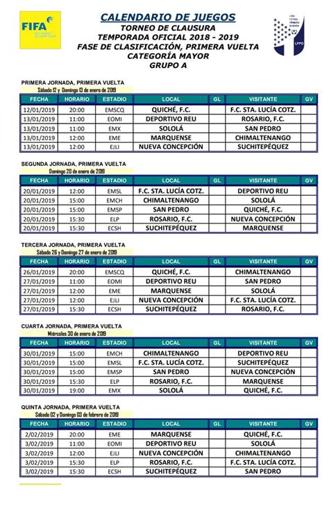 Calendario Del Torneo Clausura De La Primera División Grupo A Futbol Guatemala