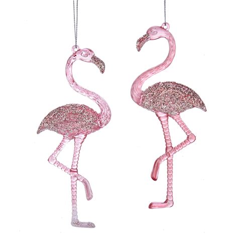 Glittery Pink Flamingo Christmas Holiday Ornaments Set Of 2