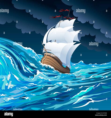 Illustration With Sail Ship Drifting In Stormy Ocean Against Cloudy