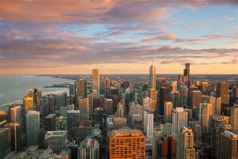 Chicago Skyline At Sunset High Quality Architecture Stock Photos