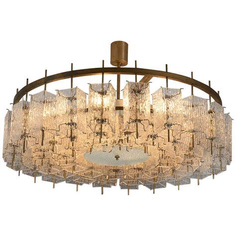 Large Chandelier In Brass And Structured Glass At 1stdibs