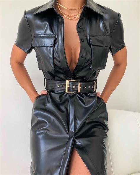Solid Pu Leather Dress Women Short Sleeve Turn Down Collar Shirt Dress