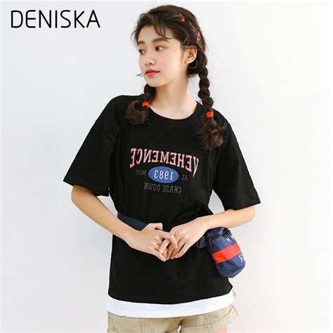 Deniska 2018 New Harajuku Loose Letter Print Solid Cotton T Shirt Half Sleeve O Neck Long