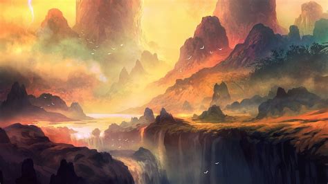 Artwork Fantasy Art Waterfall Mountain Landscape Forest Colorful Sunlight Wallpapers Hd