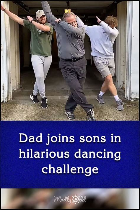 two men dancing in front of a garage door with the caption dad joins sons in hilarious dancing