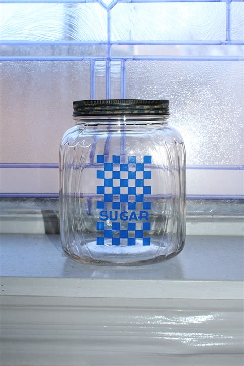 Vintage Hazel Atlas Sugar Jar Kitchen Canister Blue Checkerboard