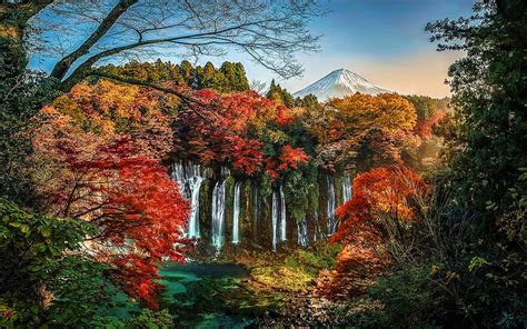 Japan Autumn Waterfalls Mount Fuji Forest Stratovolcano Fujisan