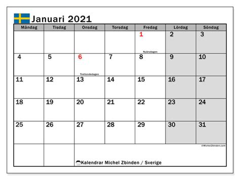 De är dolda om rutan intill en kalender anges. Kalender januari 2021, Sverige - Michel Zbinden SV