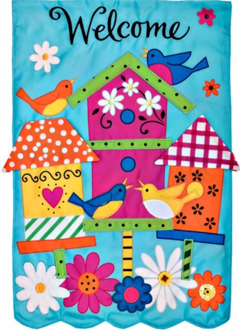 They can be made with any design, using any number of colors or words. Birdhouses Applique Mini Garden Flag by Custom Decor, Inc.