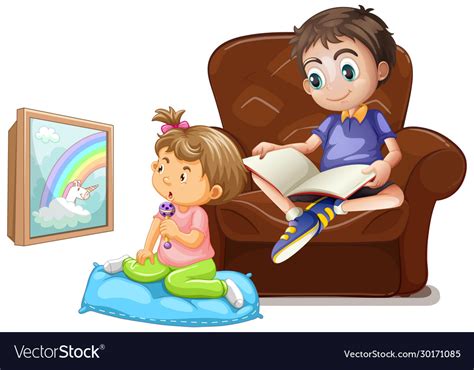 Scene With Boy Reading Book And Girl Watching Tv Vector Image