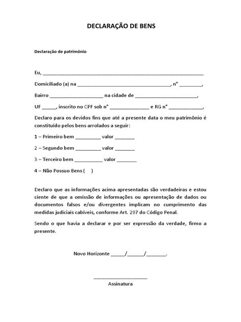 Declaração De Bens Modelo Pdf