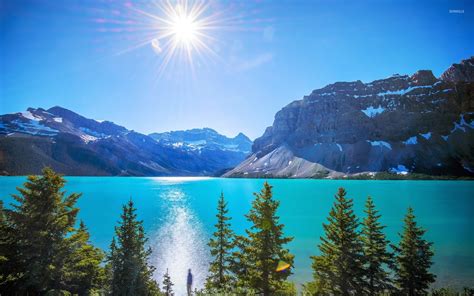 Bright Sun In The Clear Sky Above The Mountain Lake Wallpaper Nature Wallpapers 53554