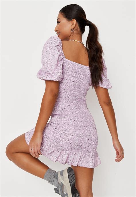 Pink Floral Shirred Mini Dress Missguided